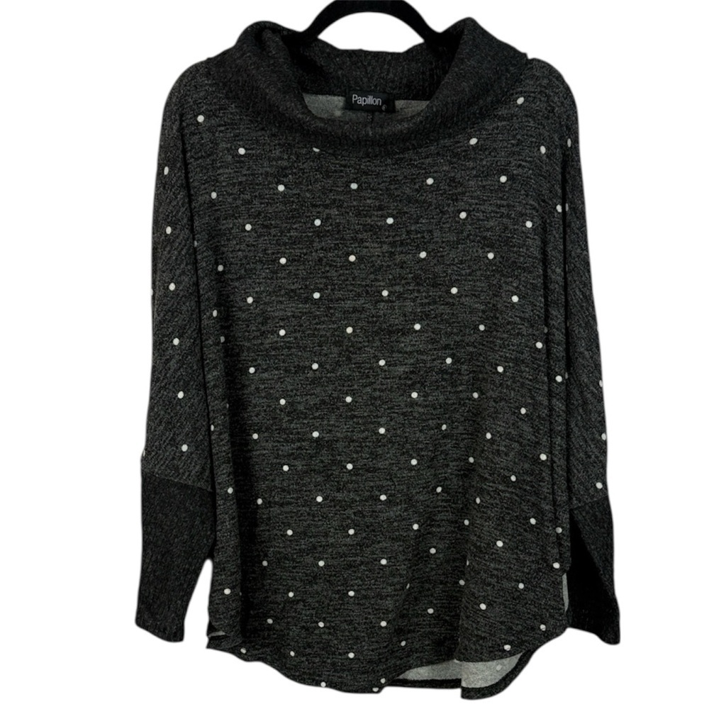Papillon Charcoal Gray Sweater White Polka Dots Cowl Neck Dolman Sleeve XL Top